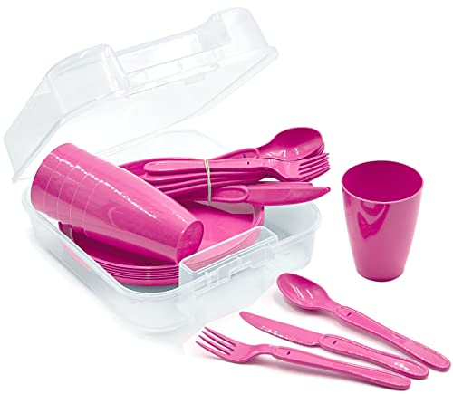 31-teiliges Picknick-Set, Picknickkorb und Mehrweggeschirr für 6 Personen, idealer Picknickkoffer für Camping, Strand, Wohnmobil, und Rucksackreisen (Pink)