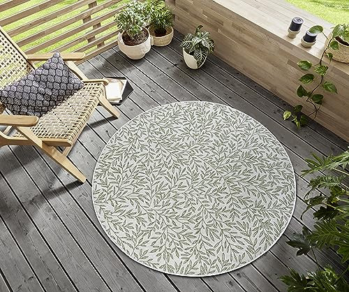 Hanse Home Twig In- und Outdoor Teppich Rund – Runder Outdoorteppich Zweig Muster Wetterfest & Wasserfest Flachgewebe Außenteppich für Wohnzimmer, Flur, Terrasse, Garten, Balkon – Creme Grün, 120cm