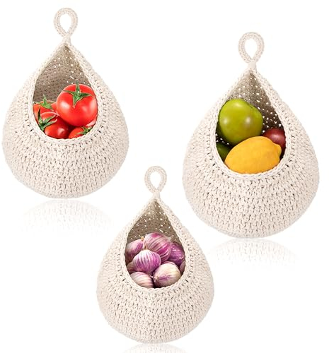 Panier à Fruits Suspendu, Corbeille Oignons Tissé Forme Larme Bohème, Panier Osier Rangement Fait Main pour Cuisine Restaurant Légumes Collations (Blanc)