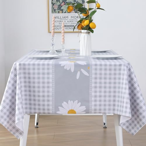 Rayapot PVC Wachstuch Wasserdicht Tischdecke, Kunststoff Abwaschbar Wachstuchtischdecke, Plastik Schmutzabweisend Tischtuch, für Küchen Esstisch Outdoor (Kariert Gänseblümchen - Grau - 140x140cm)