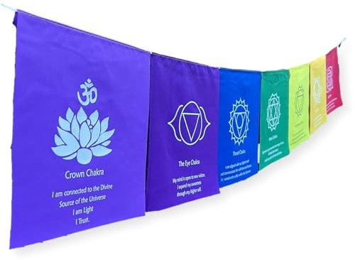 7 Chakra-Wimpelkette an einer Schnur mit Bestätigung, 19 x 25 cm und sind auf einer 155 cm langen Schnur aufgereiht
