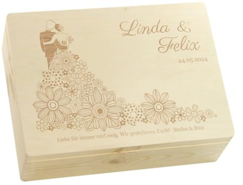 LAUBLUST Holzkiste zur Hochzeit - Personalisierte Hochzeitskiste Erinnerung - Blumenkleid | Geschenkkiste Personalisiert mit Gravur - FSC® (Natur, ca. 40 x 30 x 14 cm | L)
