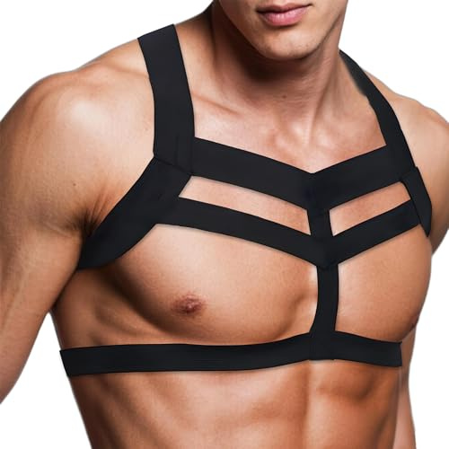 TARZNGGLOP Arnés elástico para hombre, arnés de pecho para hombre, arnés de hombro sexy, estilo punk, hebilla ajustable, ropa para discoteca, cosplay, club, Negro -, talla única