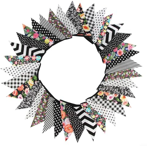 Wimpelkette aus Stoff mit Vintage-Blumenmuster, 10 m lang, 36 dreieckige Flaggen für Party-Dekoration (schwarz)