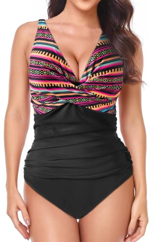 HOTUT Costume Intero Donna Scollo a V Curvy Costumi da Bagno Push Up Imbottito Reggiseno, Controllo della Pancia e Spalline Regolabili
