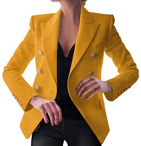 Blazer rose pour femme - Veste blazer longue pour femme - Blazer uni avec col en V - Manches longues - Veste de costume ouverte sur le devant - Manches réglables, jaune, XXL