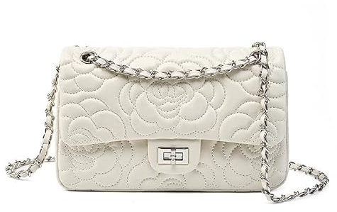 Echt Leder Damen Tasche Camellia Umhängetasche Kette Schaffell Handtasche Medium, beige, Medium