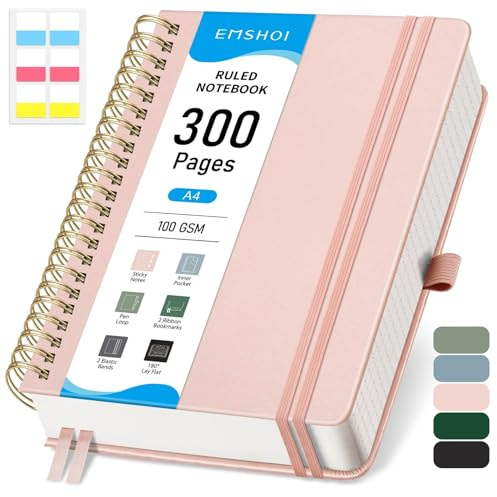 EMSHOI A4 Notebook College Ruled, Spiral Notepad 150 Sheets/300 Pages, 100gsm, HardCover, Sticky Notes, Pocket, Pen Loop, Ruler, Bookmark, Lined Journal for Women Men Writing, 21x28.5cm, Rose Gold