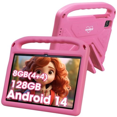 weelikeit 2024 Upgraded Kids Tablet, 10-Inch Android 14 Tablet for Kids, 8GB (4+4) RAM + 128GB Storage, 6000mAh Long Battery, Dual Cameras, Great tablet for Toddlers, Case Included (Pink)