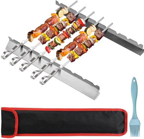 LOSYHU BBQ Skewers and Rack Set with 5pcs Extra Large 16 inch Kebab Skewers and Holder, Stainless Steel Grilling Skewer, Metal Skewer Sticks with Holder, Reusable Long Flat Shish BBQ Sticks with Rack