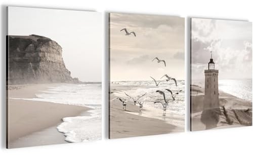 Novart Wandbilder Set Strand Meer Boho - KOMPLETT AUFHÄNGFERTIG - Wohnzimmer Schlafzimmer Flur Deko - 3 Moderne Bilder Beige - N033735a