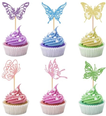 Calkkrer 24 Stück Glitzer Schmetterling Cupcake Topper, Schmetterling Torten Deko, Muffin Deko, Geburtstag Kuchen Deko, Cake Decoration, Schmetterlinge Party Deko
