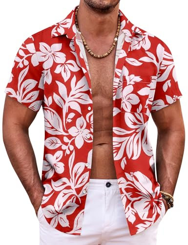 COOFANDY Herren Hemd Sommer Hawaiihemd Kurzarm Freizeit Blumen Funky Hippie Herrenhemd A-rot-weiße Blumen S