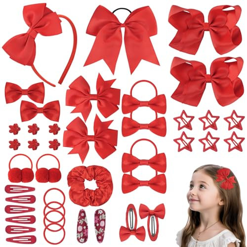 LOPHE Haarspangen Mädchen, 77Pcs Haarschmuck Haarschleifen für Kinder, Babys, Haarreifen Süße Haarklammer Kinder Set, Geschenkset Haarschmuck für Alltägliche Anlässe und Feiertagsfeiern, Rot