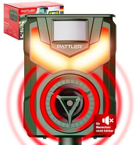 PATTLER® Katzenschreck für Garten. Marderschreck, Hundeschreck, Katzenschreck ultraschall - Bewegungssensor mit 10m Reichweite - Flammenlicht zur Abschreckung. Katzenabwehr Garten.