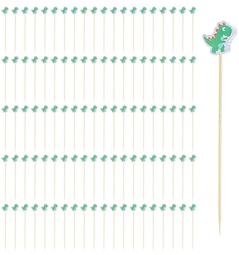 NIDHFG 100 Pieces Of Dinosaur Wooden Bamboo Sticks, Cute Cartoon Animals For Children, Outdoor Bento Easy Toothpicks, Creative Cocktail Decorative Fruit Fork.
