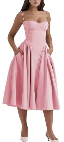 Shuanghao Chic et Elegant Femme d'été Robe à sans Manches Bretelles Spaghetti Corset Longue Taille Slim Fit Robes Casual A Line Swing Midi Sun Jupe Fête Plage Soirée Sexy Robe avec Poches Rose S