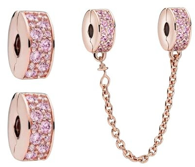 Annmors Rosa S925 Charms Clip Stopper Catena di sicurezza Famiglia Amica Animali Compleanno Cuore Oro Rosa Ciondolo per Donna Bracciale Collana, Argento, Zirconia cubica