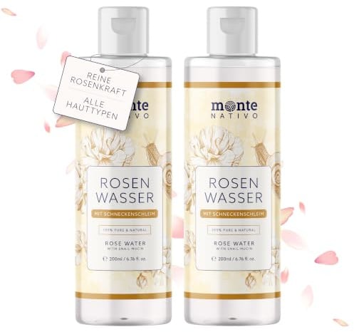 Eau de rose à la bave d'escargot Monte Nativo 2 x 200 ml (400 ml) - Tonique pour le visage 100 % naturel - Eau de rose avec mucine d'escargot - Cosmétique naturel - Soin du visage