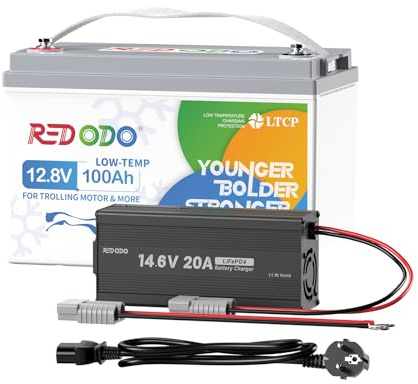 Redodo 12V 100Ah LiFePO4 Batterie mit 20A Ladegerät, Niedertemperaturschutz, Trolling-Motor Batterie Gruppe 31 Lithiumbatterie, Upgraded 100A BMS, Ideal für Marine, Boot, Wohnmobil, Solar