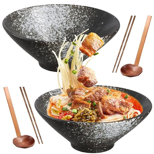 Ecofocet 2 Juegos Tazón de Ramen Japonés con Palillos y Cuchara, 2 x 1000ml Tazón de Sopa de Ramen Japonés de Porcelana, Grandes Ensaladera para Ensalada Frutas, Fideos, cereales, sopa (Blanco)