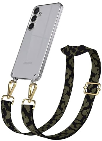 EAZY CASE Handykette - Verstellbares Taschenband kompatibel mit Galaxy S25 Plus, Schulterriemen, Handykordel mit Silikon Hülle, Umhängetasche, Dunkelgrün Camouflage Gold
