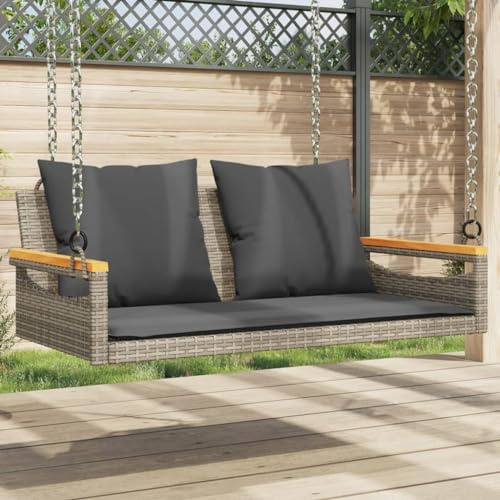 Boltkex Hängebank mit Kissen Grau Poly Rattan 109x62x40 cm wetterfest mit Rückenlehne und Armlehne für Gartenbank Parkbank Outdoor Ruheplatz Veranda platzsparend