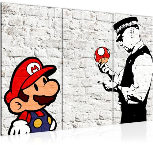 Runa Art Wandbilder Mario and Cop Banksy Bild XXL Jugendzimmer Wohnzimmer Weiss Bunt Street Art 120 x 80 cm 3 Teilig 006531a