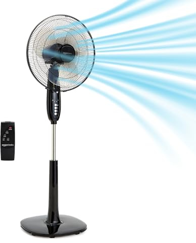 Amazon Basics 16 Pedestal Fan with Remote for Bedroom, Living Room, Office, Adjustable Height, Dual-Layered Blades, 3 Speeds, 3 Modes, Timer, Tilt Head, 60W, Black