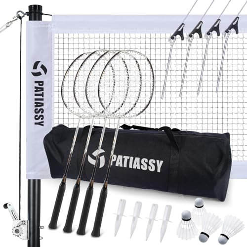 Patiassy Professionelles Badminton-Set, tragbares Outdoor-Badminton-Netzsystem mit 4 Badmintonschlägern, 2 Federbällen, 1 Seilwinde für Anti-Schläger, 1 Tragetasche