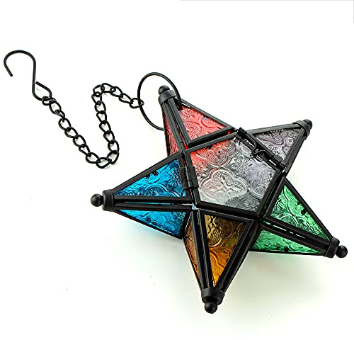 Star Ornaments Wall Hanging Decoration for Party - Colorful Glass Candle Holders for Tea Light with Chain Loop Morrocan Decor