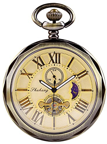 Tiong London Taschenuhr und Taschenuhr, antikes Kupfer, mechanische Uhr, Handaufzug, Herrentasche mit Kette, Weihnachtsgeschenkbox, gold, Vintage-Stil