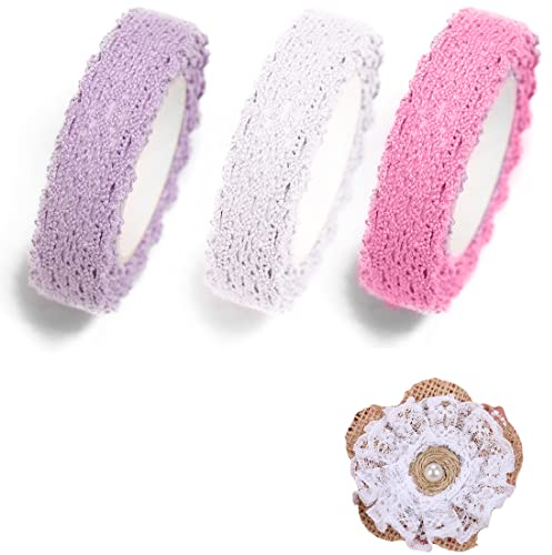 LEDSHLIU vintage deko,bordüre selbstklebend,spitzenband,3 Rollen Spitzenband Vintage-Band,für Hochzeit, Party, Ostern, Weihnachten, Tischdekoration, Basteln, 1,5 cm x 2 m (weiß, rosa, lila)
