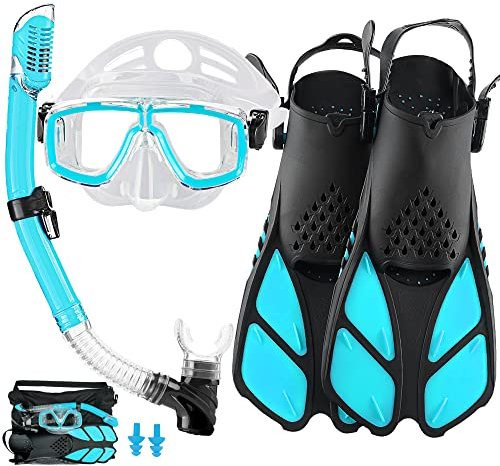 HH HHAO SPORT Schnorchelset Erwachsene mit Flossen,Schnorchelausrüstung in Reisegröße mit Kurzen Verstellbaren Schwimmflossen, Hochwertige Tauchermaske und Dry Top Schnorchel, mit Tragetasche