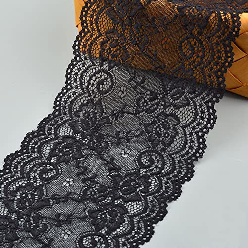 15cm x 3 Yard Vintage Elastizität Spitzenband Spitzenbordüre Häkel-Borte Spitze Nähen Deko Spitzenborte Zierband Dekoband Spitzen Borten Bänder zum Nähen (Schwarz)