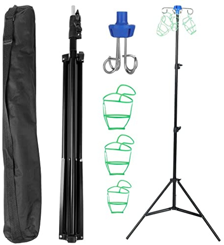 IV Pole Stand with 4 Hooks, 3 Net Bags & 1 Storage Bag, Retractable Intravenous Drip Bag Stand, Collapsible Tripod Drip Bottle Stand, Portable Mobile IV Pole for Hospitals, Clinics, Home Care