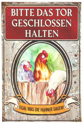 LUCKYLINDE - Wetterfestes 30 x 20 cm Blechschild – Hühner Schild – Hühnerstall Deko Schild, Huhn, Henne, Hahn, Bauernhof Schild (Tor geschlossen)