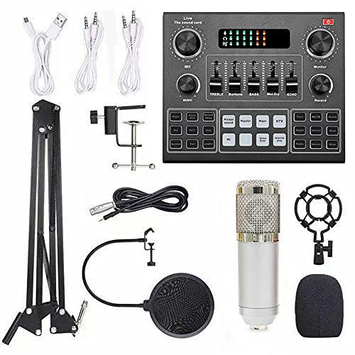 ERYUE Microphone Multifunctional Live V9 Sound Card and BM800 Suspension Microphone Kit Broadcasting Recording Condenser Microphone Set Intelligent Webcast Live Sound Card for Computers and Mobilephon