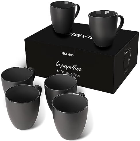 MIAMIO - 6 x 350 ml Kaffeetassen/Kaffeebecher Set - Tassen Set 6er Modern - Le Papillon Kollektion (Schwarz, Becher (6x))