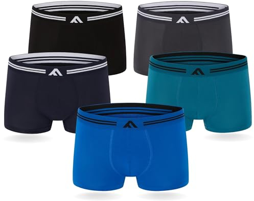FM London Bóxers de bambú para hombre paquete de 5 con diseño elástico, Negro/Gris/Azul, L