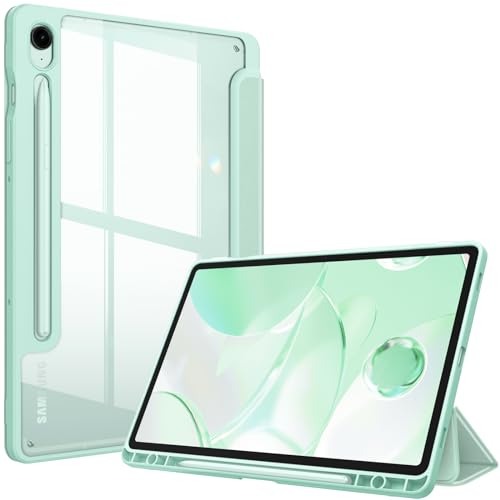 Fintie Funda para Samsung Galaxy Tab S10 FE 10.9 2025 / S9 FE 10.9 2023 / S9 11 2023 Soporte para S Pen, Funda Híbrida Delgada a Prueba de Golpes con Carcasa Trasera Transparente - Verde Claro