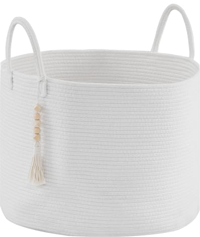 YOUDENOVA Laundry Basket With Wooden Hanging Bead, Toy Storage Basket for Kids, Cotton Rope Blanket Basket Large, Woven Storage Basket Nursery Decor Organiser Washing Basket With Handle 50x33cm White