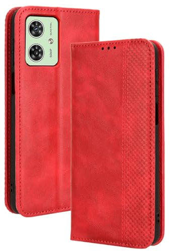 WBWONE Leather Folio Cover per Motorola Moto G54 5G, Custodia in Pelle PU Magnetica Libro Flip Portafoglio con [Funzione Stand]. Rosso