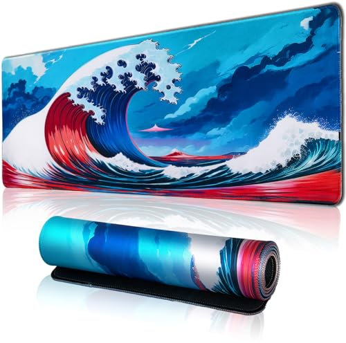 Hopipad Alfombrilla de mouse grande para juegos de estilo japonés para escritorio, alfombrilla de escritorio con bordes cosidos, almohadilla de escritorio impermeable, base de goma antideslizante,