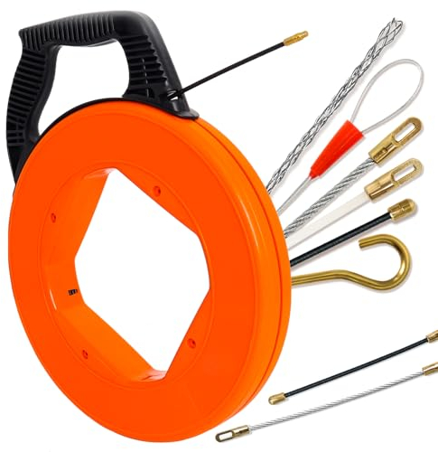 Gekufa Kabeleinziehhilfe 30m, 4mm, Einziehspirale mit 6 Adapter, Zugdraht mit Kunststoffgehäuse und Handgriff, Einziehfeder für die Kabelverlegung(orange)