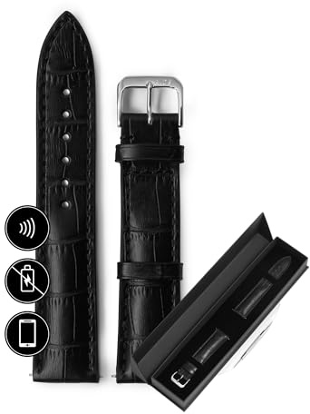 INVIS Smartstrap LOUISIANA Schwarz 20 mm – Uhrenarmband mit NFC-Kontaktloszahlung | Kalbsleder | Krokodilprägung | Zertifiziert von Mastercard & Visa | Länge: 114/82 mm