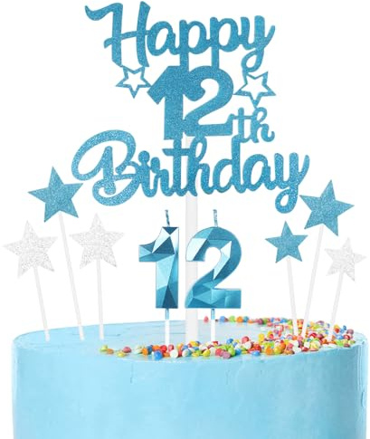 mciskin blaue zum 12. Geburtstagskerzen Kuchentoppe Set, zum 12.Geburtstag Dekor für Jungen,Zahl 12 kerzen für Kuchen,blaue silber Kuchentoppe mit Stern für Mädchen und Jungen Geburtstag Partei