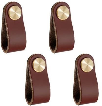 FSSTUD 4 Pcs Leather Drawer Handles Wardrobe Door Knobs Kitchen Cabinet Knobs Furniture Hardware Pulls Single Hole Dresser Handles for Closet Dark Brown