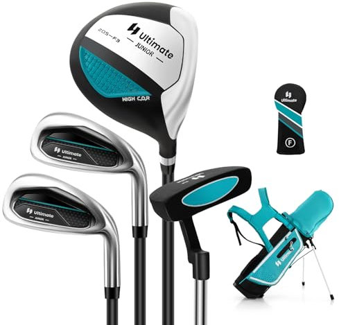 GYMAX Set di Mazze da Golf per Bambini 5-7 Anni, Set Completo con Mazze da Golf da 205CC #3 Fairway Wood, #7#S Irons & Putter, Grande Borsa da Golf Autoportante(Blu)