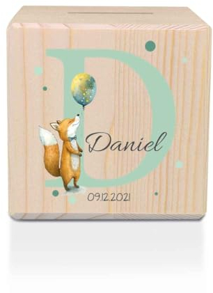 GRAVURZEILE Spardose aus Holz - Tiermotive mit Monogram - mit Namen und Datum personalisiert - Personalisierte Geschenke für Mädchen & Jungen zum Geburtstag Kommunion - Geschenk für Kinder - Fuchs